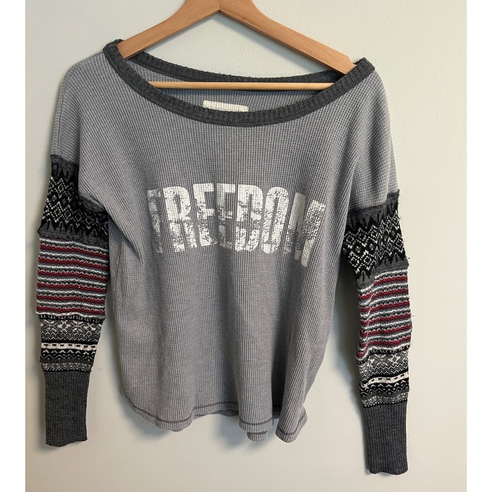 We The Free Free People Freedom Thermal Top S/P Gray Fair Isle Sleeve Graphic
